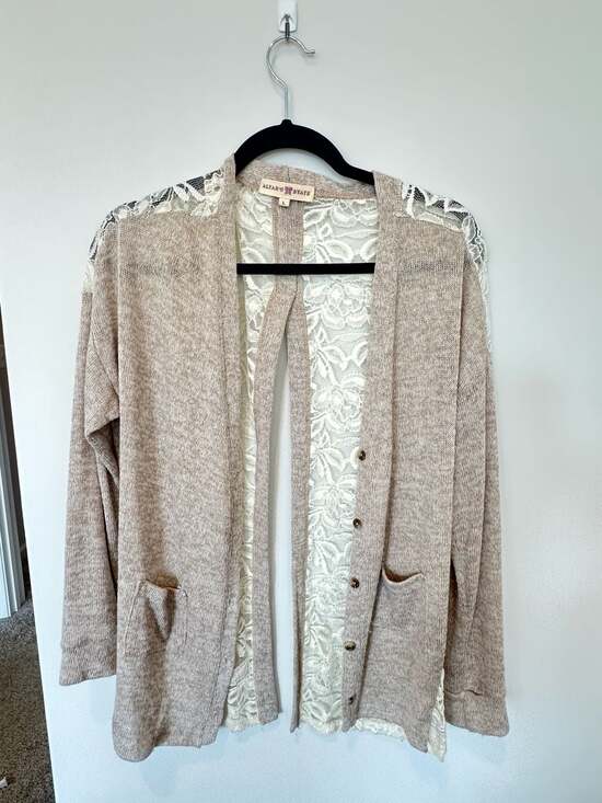Altar'd State Sweaters - Altar'd State Beige Knit Cardigan with Floral Lace Back and Shoulder Detail